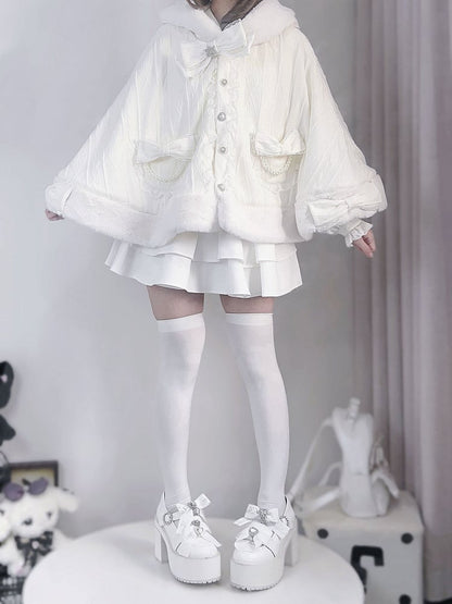 Hood Plush Cape Design Jirai Kei Beige Bunny Ears Bowknots Detachable