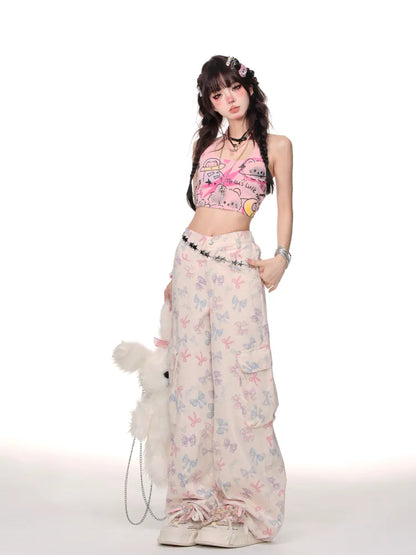 Beige Bowknot Pattern Cargo Pockets Wide-leg Cut Pants