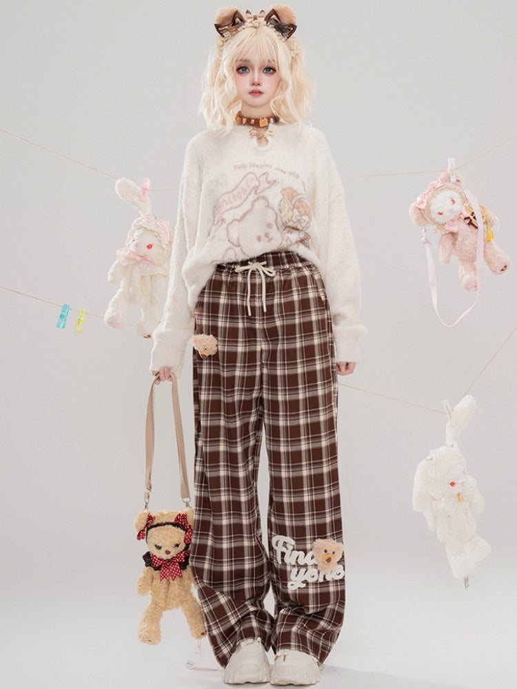Cute Bear Adorned Camel Plaid Straight-leg Cut Pants
