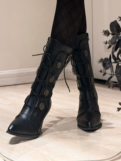 Lace-Up Pointed Leather Buckle Mid-Calf Boots Toe Elegant Embellishments - with Heels Lolita PU and Black