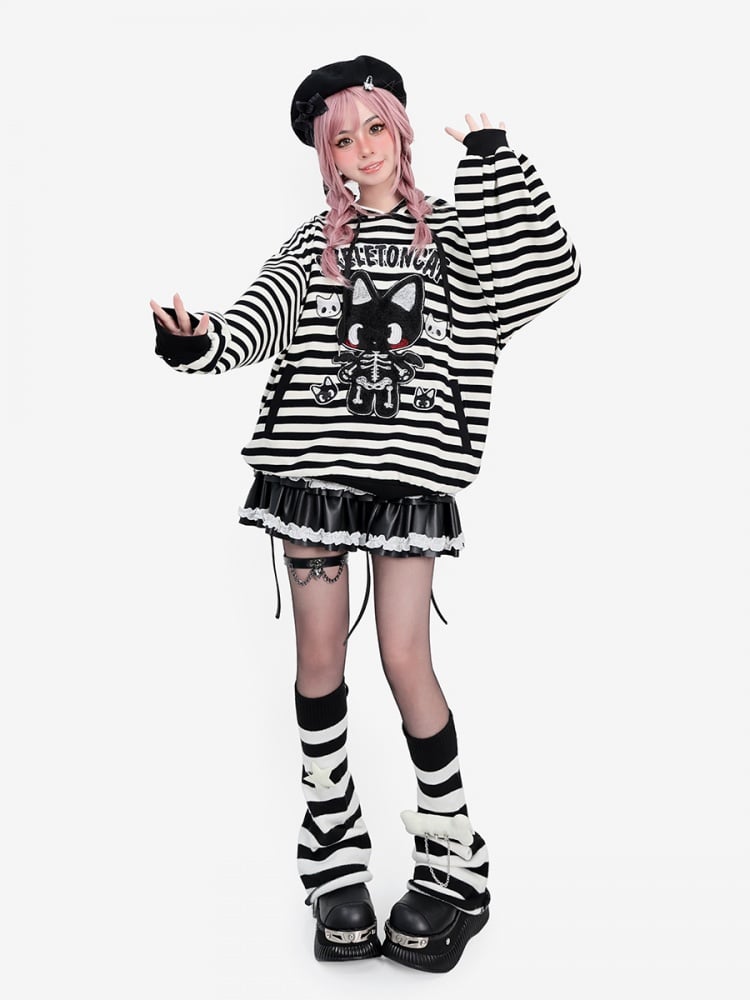 Y2K Skeleton Kitty Black and White Striped Hoodie