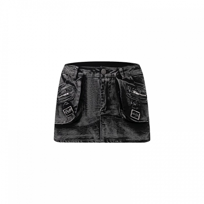 Waist Faded Wash Distressed Design Denim Skirt Bodycon Black Low Mini