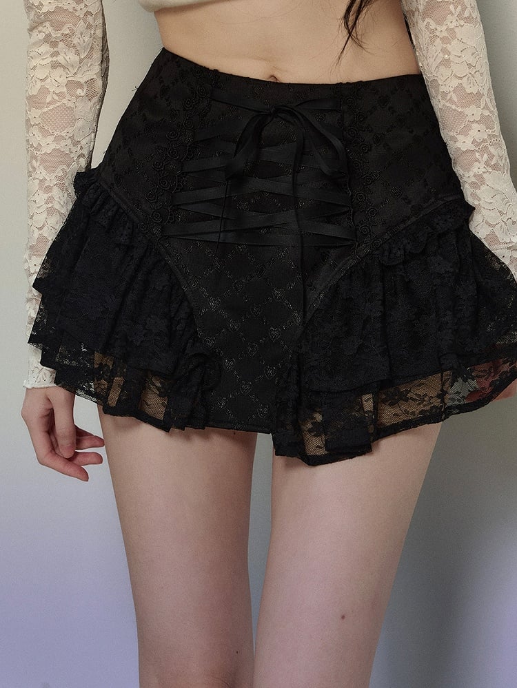 Apricot/Black Lace-up Detail Balletcore Lace Skirt