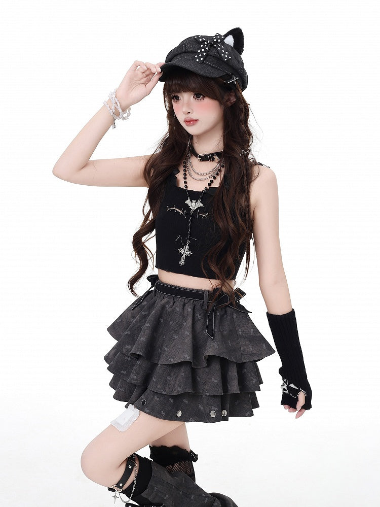 Dark Leg Details Tiered Skirt Flared with Free Warmers Gray Bowknot