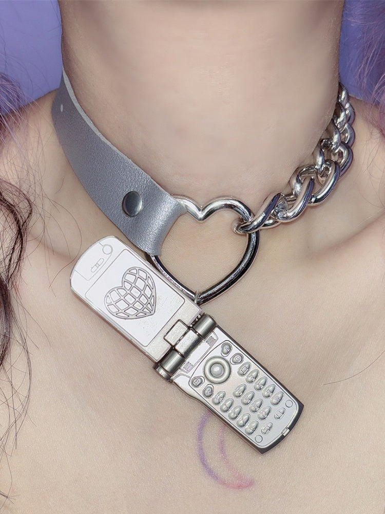 PU Pink/Silber Telefon Y2K Anhänger Choker