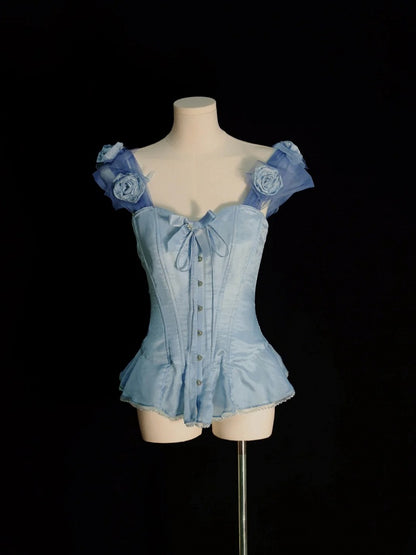 Boned Corset Top with Detachable Floral Adornments Hem Flounce Blue Sky
