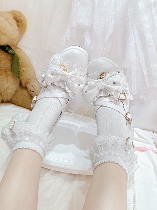 Block Platform White at Top Shoes Buckles Bow Heart Heels Jirai Kei Crisscross Design High