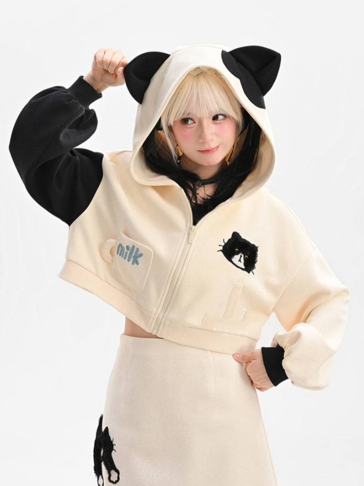Black and White Kitty Ear Hood Kitty Pattern Zip Closure Cropped Hoodie