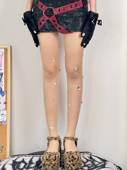 Nude/Weiße Y2K Strumpfhose mit Strassverzierung