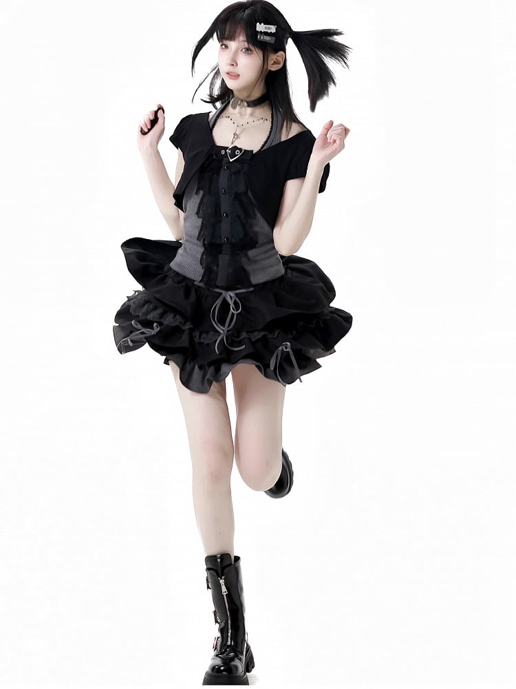 Skirt Cropped Top+Halter Neck Top+Tiered Sleeves Y2K Black and Gray Three Pieces Set - Short