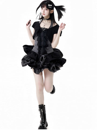 Skirt Cropped Top+Halter Neck Top+Tiered Sleeves Y2K Black and Gray Three Pieces Set - Short