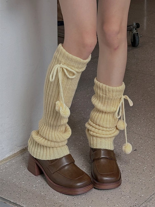 White/Beige/Light Grey/Black Knitted Leg Warmers With Pompons