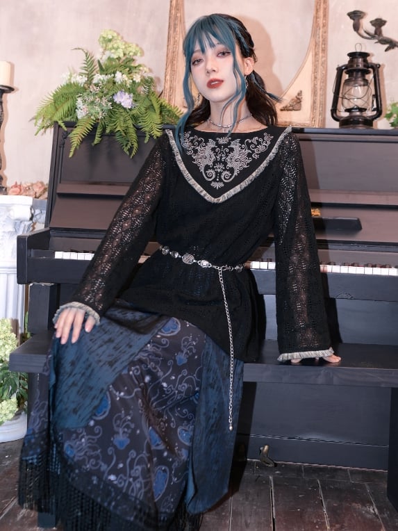 Style Skirt Overalls Straps Print Detachable Blue Jellyfish Black Tassel Hem with Cheongsam