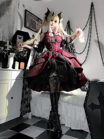 Black and Red Gothic Rosette Fabric High-low Skirt Dress Lolita JSK