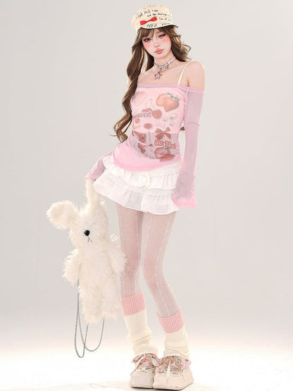 Pink/Apricot Strawberries Print Off-Shoulder Semi-sheer Top with Cami Top Set