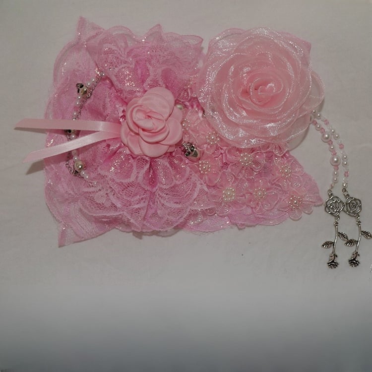 Lace Floral Hairband Decorated Trim Beaded Design Pink