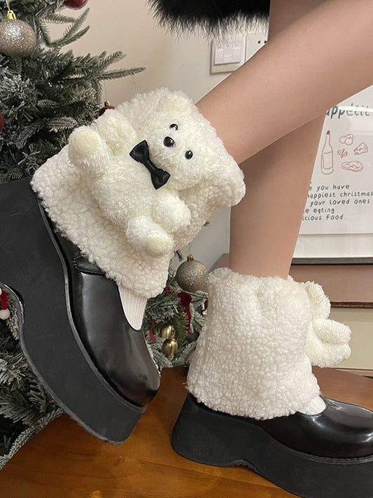 Jambières en peluche avec nœud en forme de poupée ours blanc