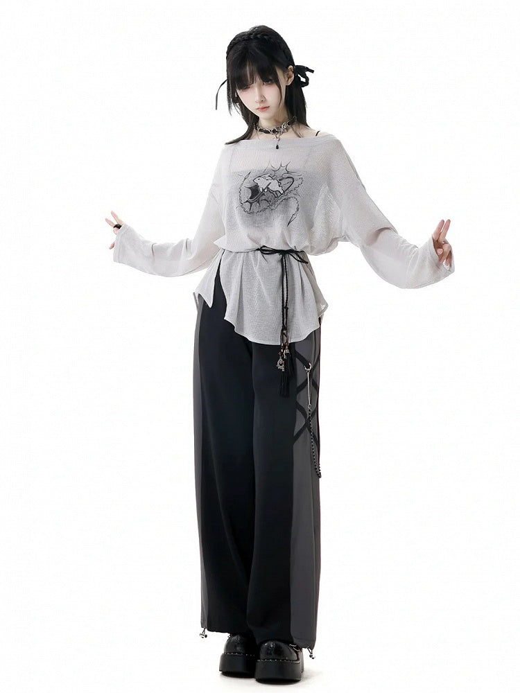 Three Set Strap Bunny Print Coverup+Cami Top +Self-tie Gray Off-the-shoulder Pieces