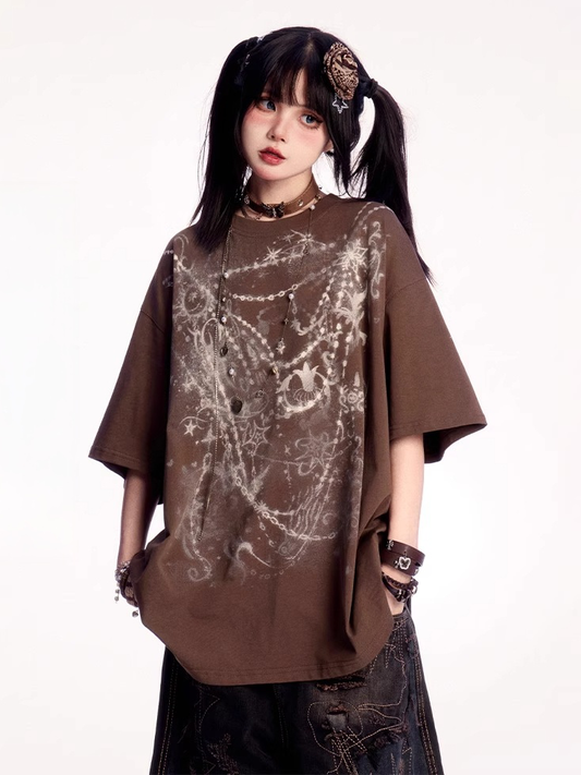 Wasteland Punk Brown Round Neck Graphic T-shirt