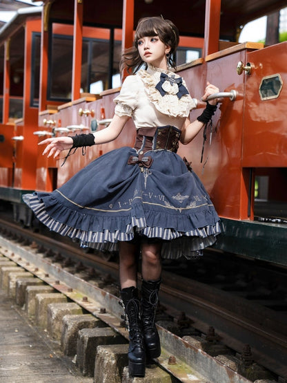 Apricot Ruffle Neckline Shirt + Brown Corset Belt + Blue Skirt Steampunk Lolita Set