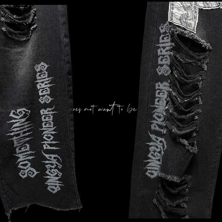 Black Punk Print Dragon Holes Hem Jeans Distressed Appliques Raw