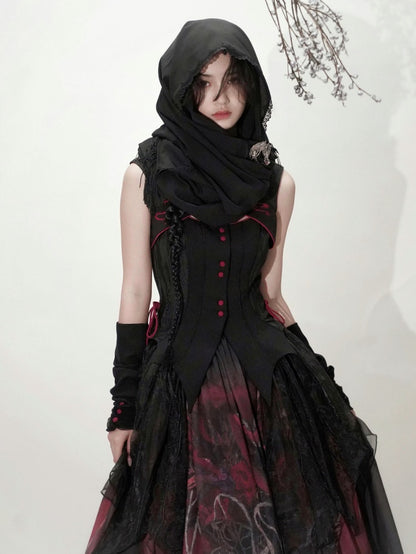 Red / Black / Purple Dragon and Moon Embroidery Shawl