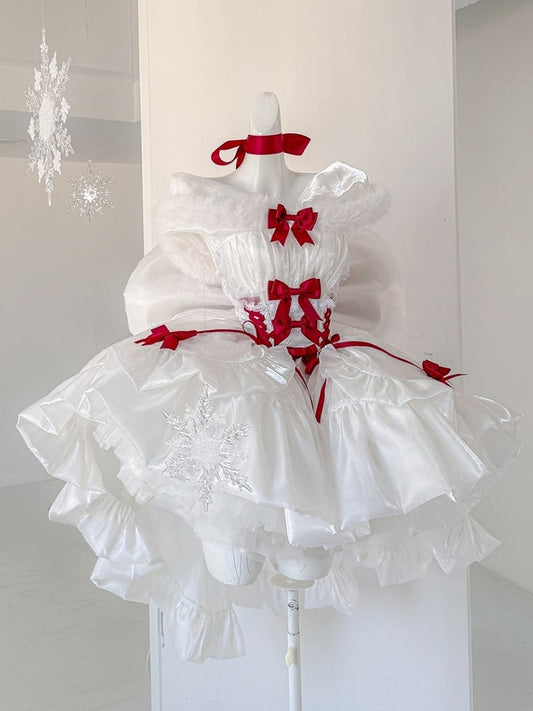 Snowy White Christmas Dress Red Bows Adorned Basque Waist Dress with Big Bow Cascading Train