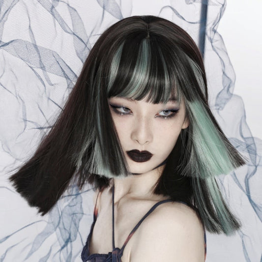 Y2K Black Mint Green Highlight Straight Hime Cut Synthetic Wig