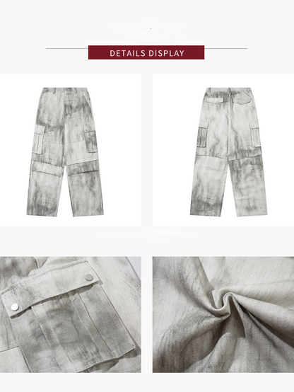 Cargo Wide-Leg Jeans with Utility Pockets White  Gray Tie-Dye
