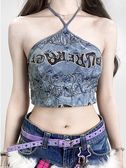 Print Halter Neck Top Letter Kawaii Bittersweet Blue Glamorous