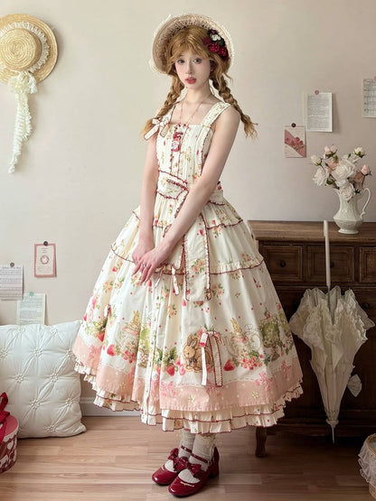Floral Pink Hemline Lolita Fashion Dress Bunny Print House Strawberry and