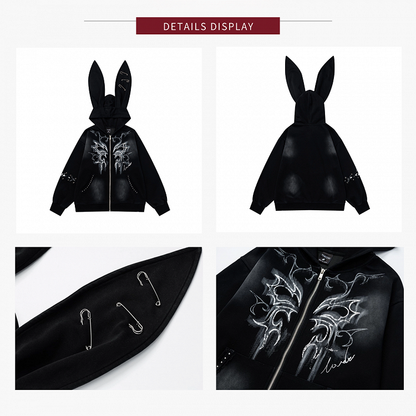 Black Vintage Punk Bunny Ear Hoodie with Zipper Closure