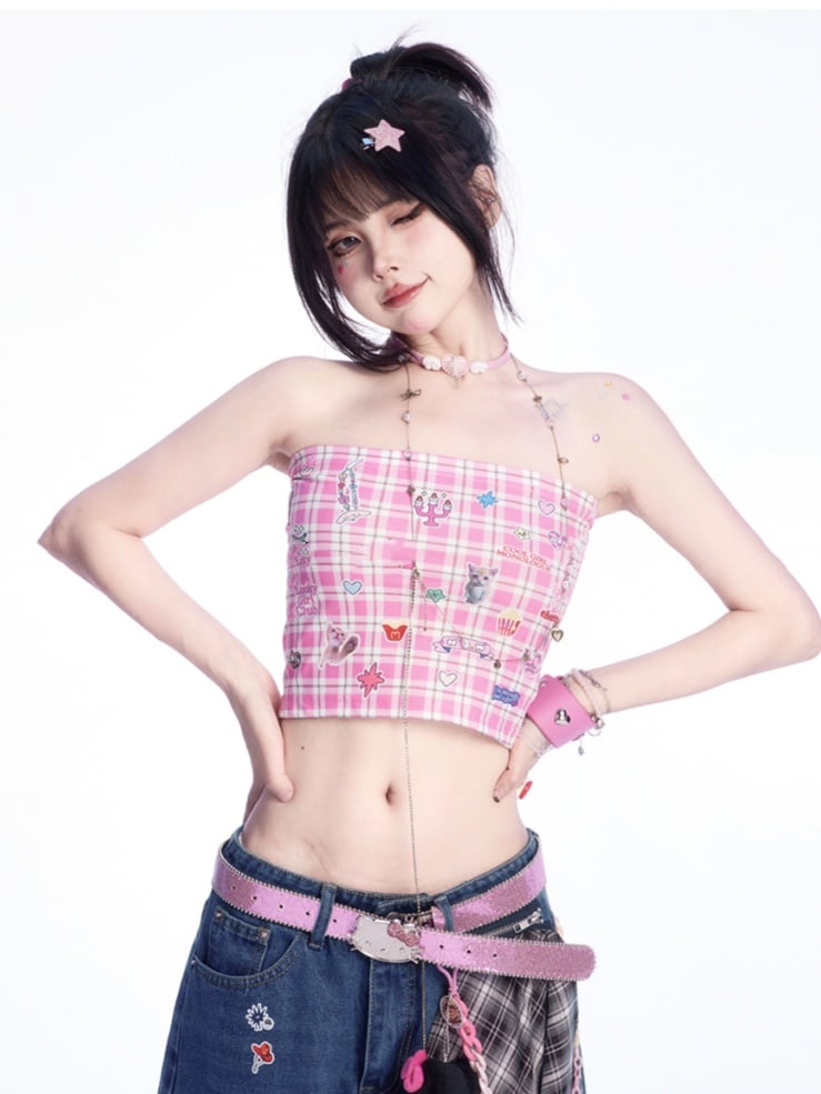 Strapless Top Print Cute Kitten Sticker Pink Plaid Cropped