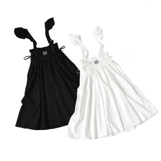 Robe salopette Jirai Kei brodée de chat noir/blanc avec détails à lacets