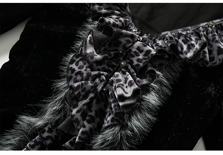 Black and Gray Leopard Cuffs Top with Shaggy Trim