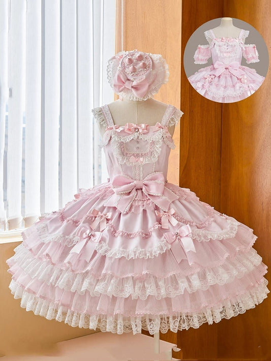 Robe princesse rose à volants superposés, jupe pull Sweet Lolita avec manches bouffantes amovibles