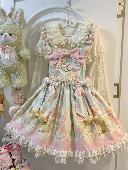 Pink and Green Teddy Print Sweet Lolita Jumper Skirt