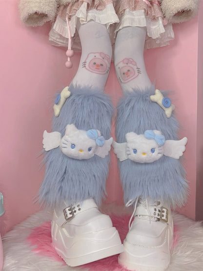 Jambières chaudes à poils longs décorées de peluches roses et d'os