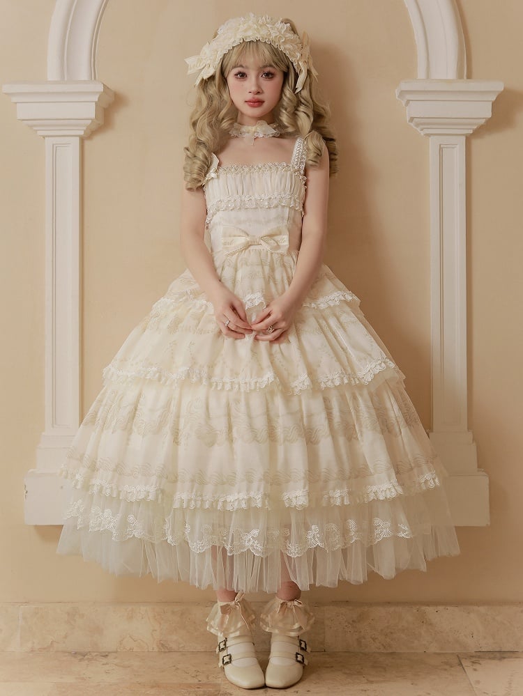 Cream Tiered Print Skirt Jumper Beads Lolita Neckline