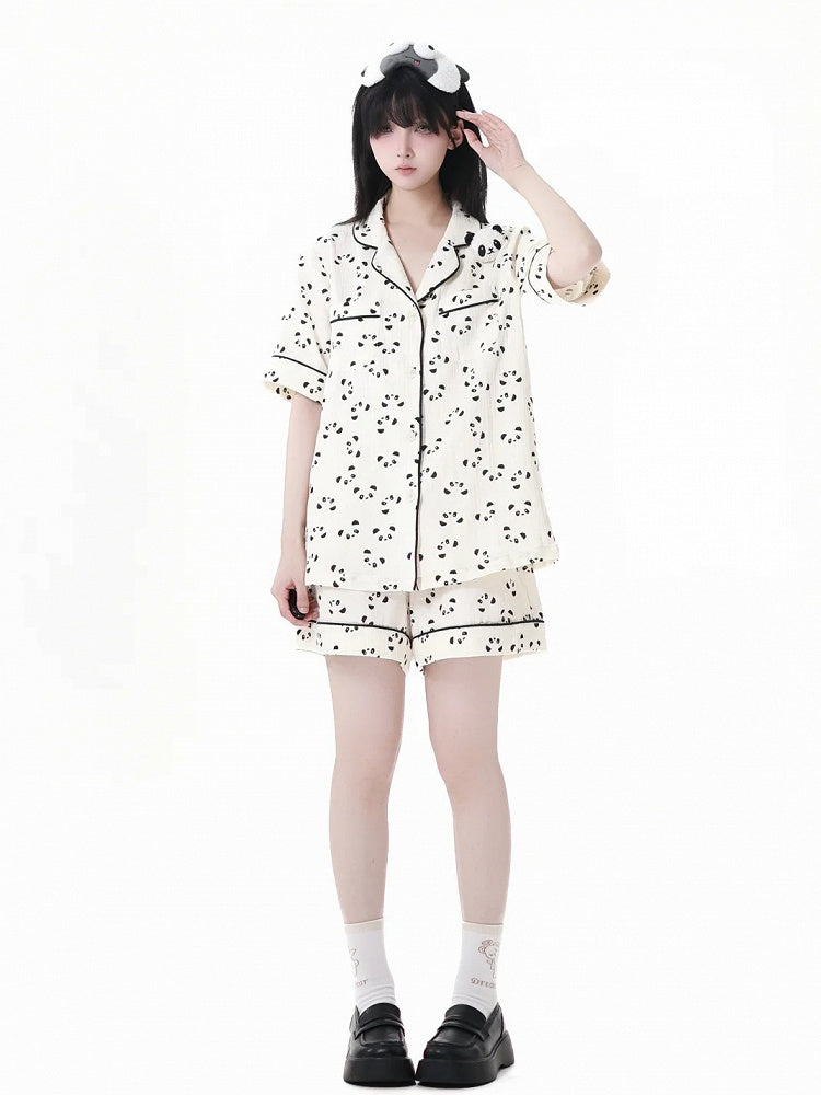 Allover Panda Print Shirt Elastic Pajamas Set Edge Beige Collar Shorts Scalloped + Waist
