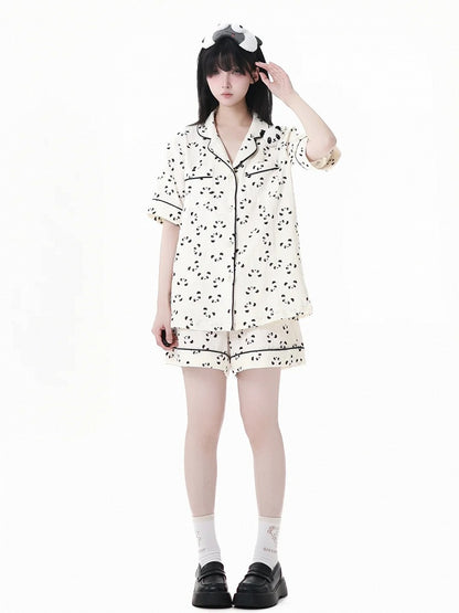 Allover Panda Print Shirt Elastic Pajamas Set Edge Beige Collar Shorts Scalloped + Waist