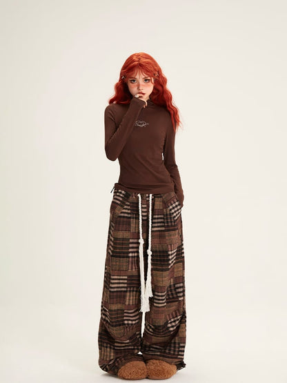 Patchwork Drawstring with Pants Waist Plaid Brown