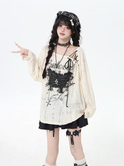 Holes Top Vintage Butterfly Applique Lace-up Neckline Apricot Distressed