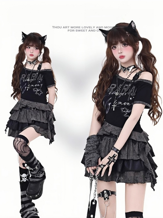 Black Asymmetrical Neckline and Buckle Hem Strap Distressed Holes Graphic T-Shirt