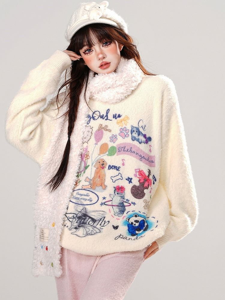 Aprikose/Pink süßer Tiermuster Mohair lockerer Pullover