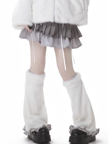 White Plush Leg Warmers with Gray Ruffle Trim