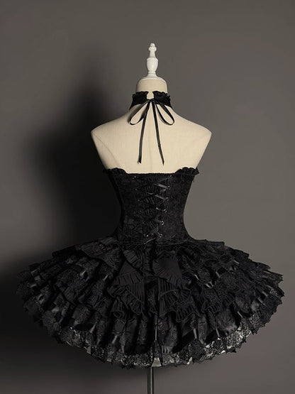 Skirt Set Sleeveless Kuro Lolita Gothic Tiered Full Halter Neck Top Black +