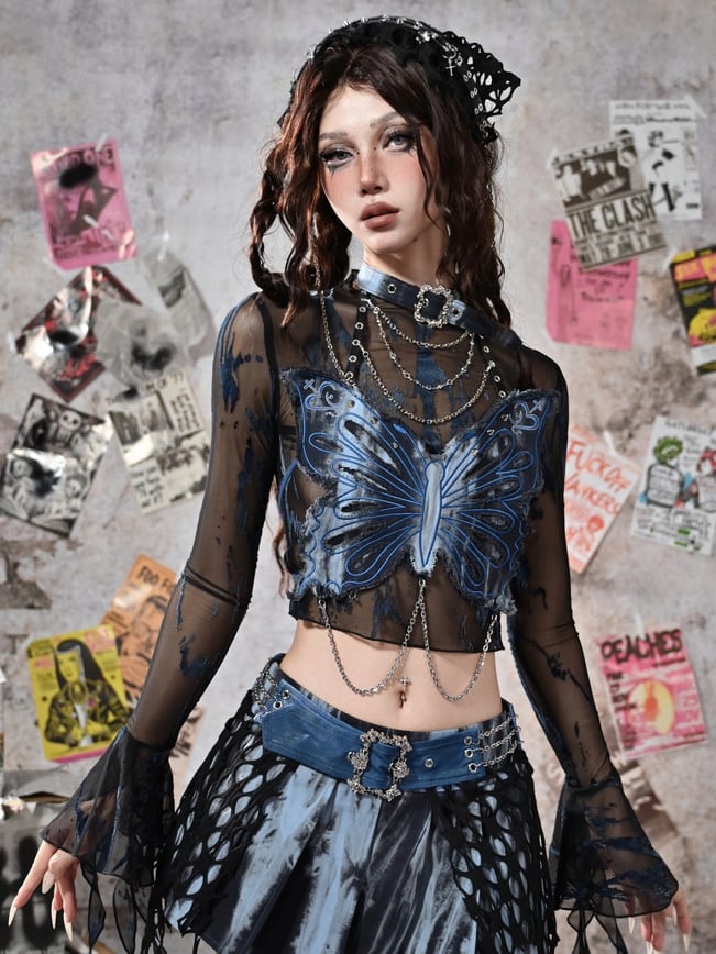 Grunge Punk Rock Fairycore Blue and Black Bell Sleeves Mesh Top