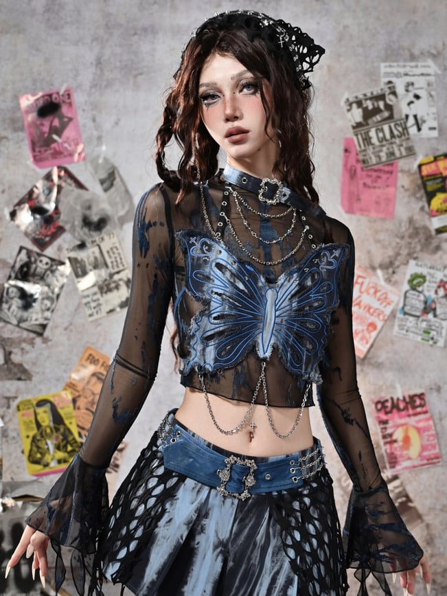 Rock Dye Butterfly Halter Punk Grunge Neck Tie Fairycore Blue Top