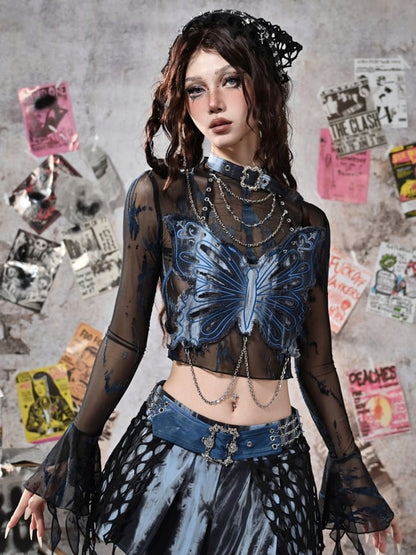 Rock Dye Butterfly Halter Punk Grunge Neck Tie Fairycore Blue Top